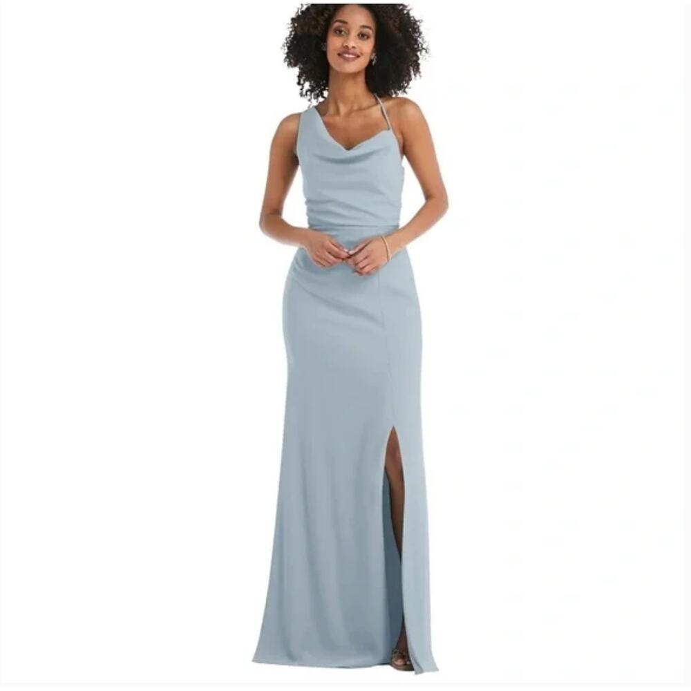 AFTER SIX 6849 One-Shoulder Draped‎ Cowl-Neck Maxi Dress Mist Light Blue Size 8